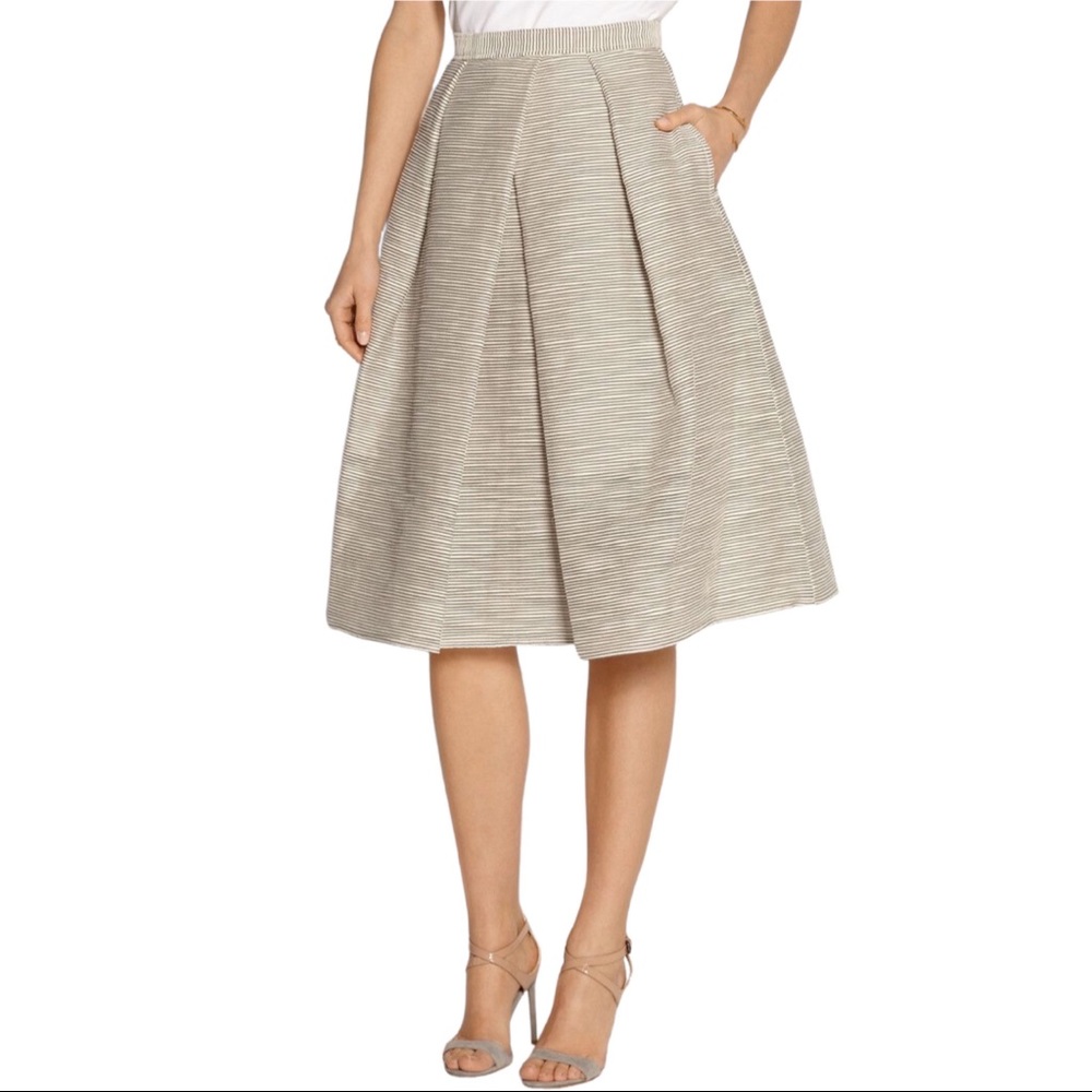 Tibi Raffia Organza Pleated Full Midi Skirt with Pockets